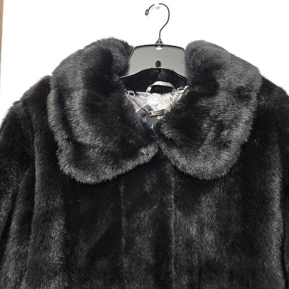 Dennis Basso Faux Fur Mink Black Coat Women Size Large Collared Pockets Mobwife - Picture 4 of 12